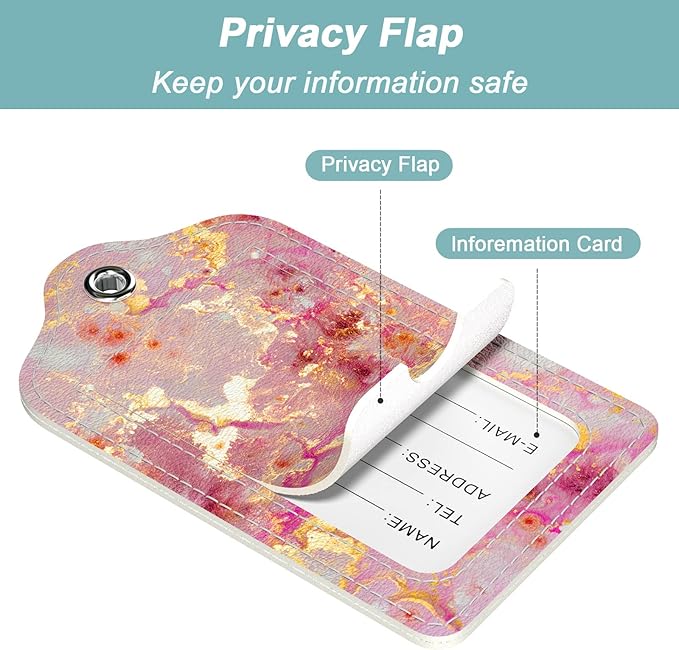 Rimilak 3 Pcs PU Leather Luggage Tags for Suitcase, Travel Cruise Luggage Tag with Privacy Flap, Name ID Label and Metal Loop for Women Men Baggage Handbag School Bag Backpack, Gold Marble