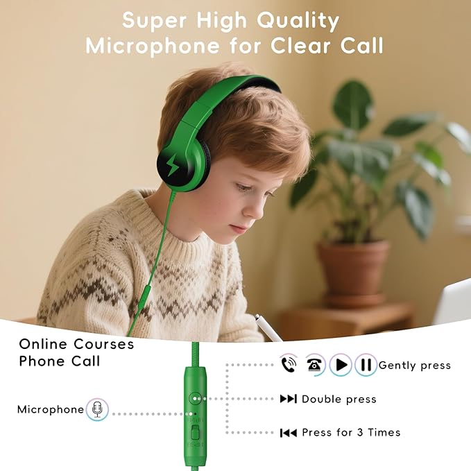 Kids Headphones, Wired Headphones for Kids Over Ear with Microphone, 85/94dB Volume Limiter Headphone for Girls Boys, Foldable Headphone for Learning & Entertainment, Black and Green