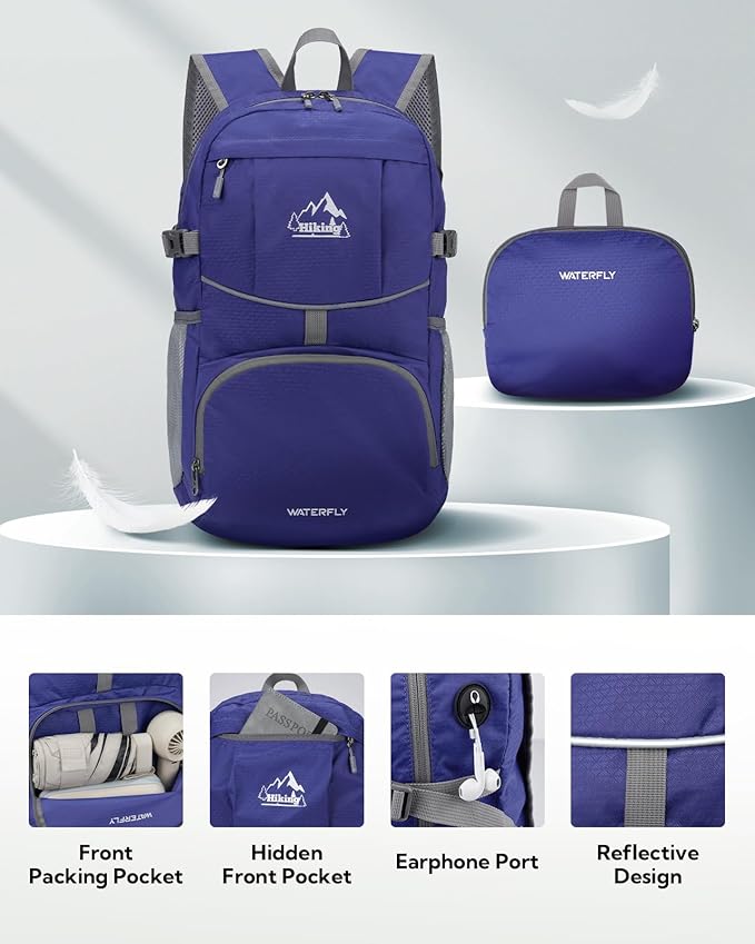 WATERFLY Hiking Packable Daypack Backpack: 25L Ultra Lightweight Day Pack for Woman Man - Small Compact Folding Back Pack for Outdoor Sport Cycling Camping Travel Trip - Dark blue