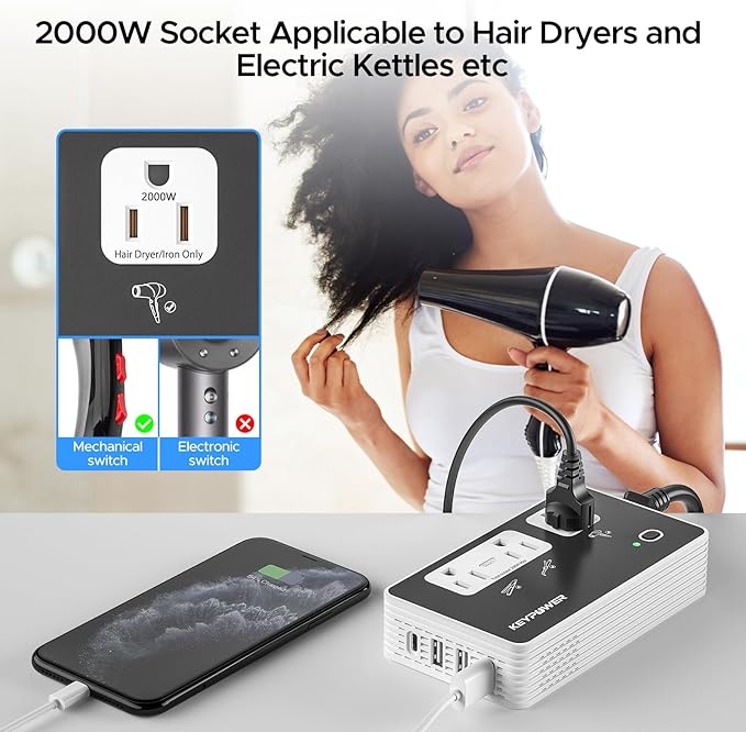 Key Power 2000W Step Down Converter, 220V to 110V Voltage Converter US to Europe, International Universal Travel Adapter with 3 AC Outlets and 4 USB(1 USB C) for Hair Dryer/Straightener.