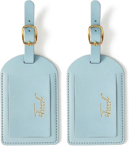 Luggage Tags for Suitcases,2 Pack PU Leather Privacy Protection Bag Tags Travel Accessories Essentials,Light Blue