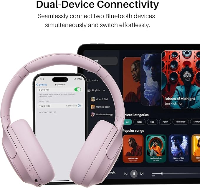 TOZO HT3 Hybrid Noise Cancelling Headphones, 90H Playtime Wireless Over Ear Bluetooth Headset, Spatial Audio AI Chat with 5 Mics, Supports Dual Connection and USB-C Input, with 32 EQ Music Modes