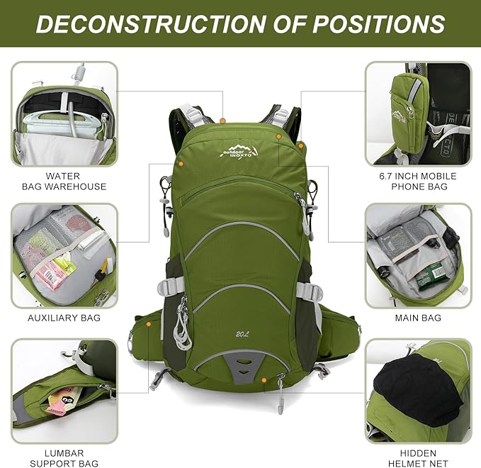 Hydration Pack,20L Hydration Backpack, Hiking Internal Frame Backpacks with 2L Hydration Water Bladder and Rain Cover, for Cycling,Camping, Hunting,Ski, Snow for Men, Women (dark green)