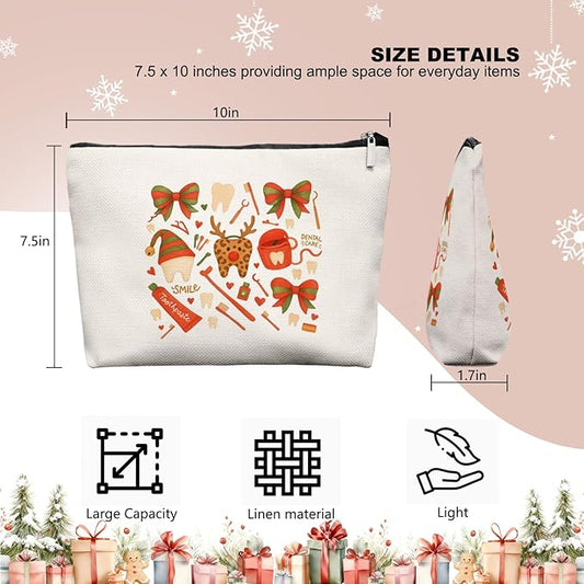 Chirismas Cheetah Smile Dental Care Makeup Bag, Cute Tooth & Bow Cosmetic Pouch for Dental Assistant Hygienist Dentist Gift for Women