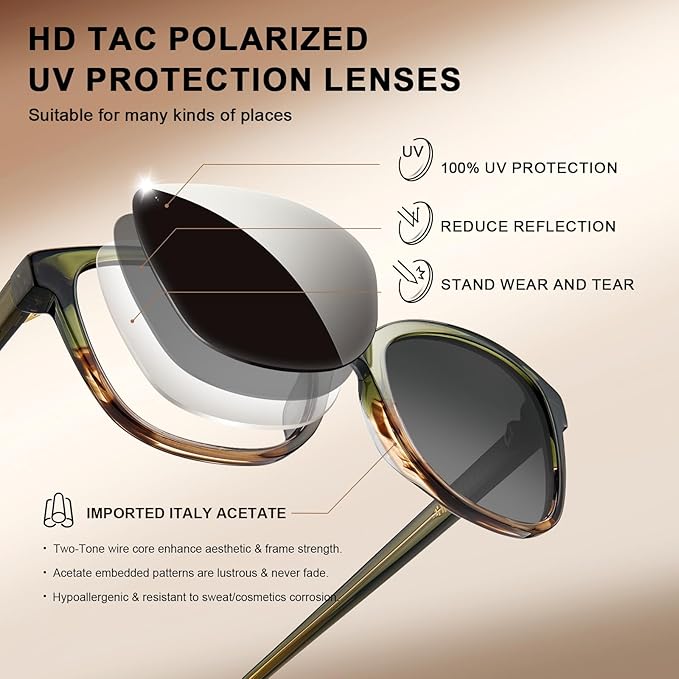 CARFIA Designer Acetate Womens Polarized Sunglasses Fit Most Face Shapes Trendy Shades UV Protection Hypoallergenic Handmade
