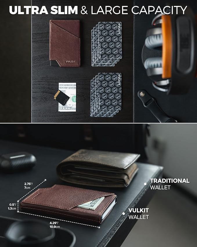 VULKIT Pop up Card Wallet Genuine Leather RFID Blocking Slim Aluminum Metal Bank Card Holder Case with Business Money Pocket for Credit Cards Notes and Coins Espresso