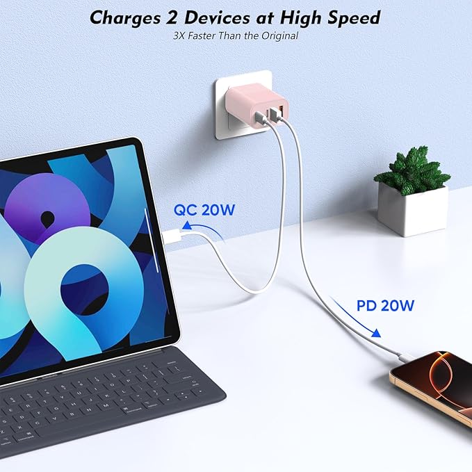 3Pack 4-Port USB C Fast Charging Block,40W iPhone 16 Charger Adapter for PD Power Adapter & QC Wall Plug,Multiport USB C Charging Block Apple Cube for iPhone 17/17 Pro/Air/16/15 Pro Max/14/13/12(Pink)
