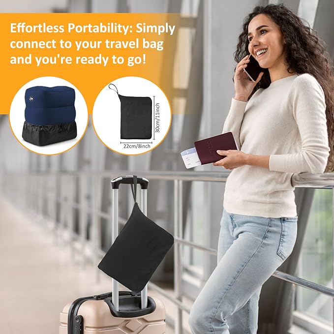 Inflatable Foot Rest Pillow for Travel - Adjustable Height Flight Foot Rest with Eye Mask and Earplugs for Kids & Adults on Airplane, Car, Train, Office, and Home (Blue, 1 PCS)