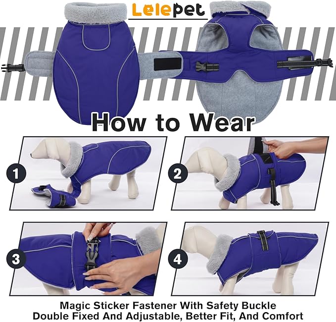 Lelepet Warm Dog Winter Coat Waterproof Dog Jacket with Adjustable Buckle & Leash Hole Reflective Pet Fleece Snowsuit Turtleneck Windproof Cold Weather Coats, Blue, XL