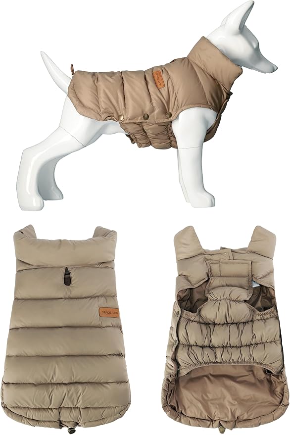 SPACE LION Dog Puffer Jacket, Down Winter Coat, Durable Outdoor Coat for Cold and Windy Conditions, Lightweight & Adjustable Fit Coats for Medium Dogs, (Camel, Size 14 Gift Box)