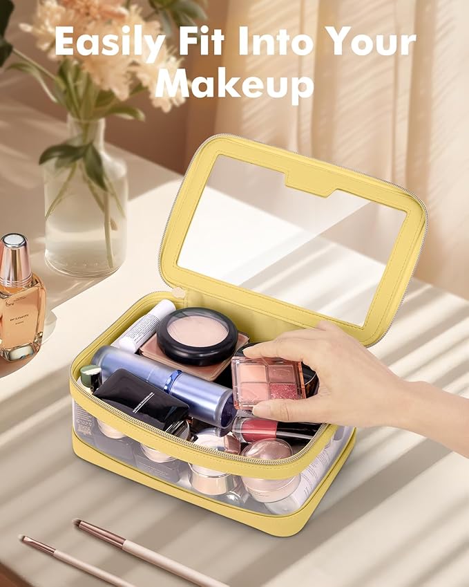 Travel Clear Makeup Bag with Makeup Brush Bag, Leather Makeup Case Toiletry Bag, Portable Cosmetic Bag Case, Transparent Waterproof Cosmetic Organizer Storage Bag for Women, Yellow