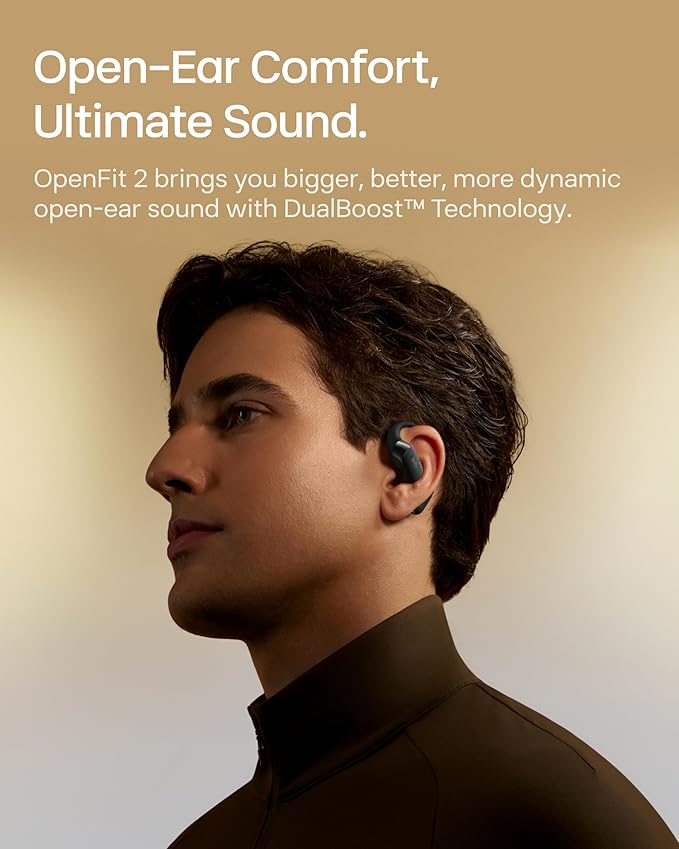 SHOKZ OpenFit 2 Open-Ear Headphones,True Wireless Bluetooth Earphones with Microphone,Earhook Earbuds with 48 Hours of Playtime,Fast Charging,IP55 Water-Resistant,with Carrying Bag,Black,Bluetooth5.4