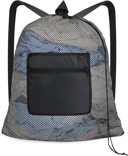 OTraki Drawstring Backpack 24x27 Inch Heavy Duty Mesh Laundry Bag Gym String Backpack Dirty Clothes Bags with Pocket & Adjustable Shoulder Straps Machine Washable for Swimming Yoga Beach Workout