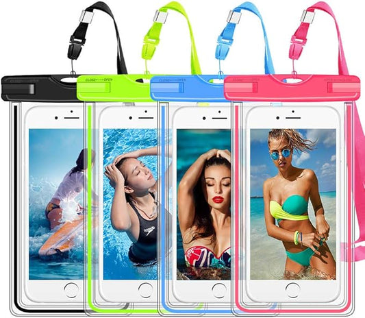 GLBSUNION Waterproof Phone Case, 4 Pack Universal Waterproof Pouch Dry Bag with Neck Strap Luminous Ornament for Water Games for iPhone 16 15 14 13 12 Pro MAX Plus Galaxy S24 S23 Edge Note up to 7.5"