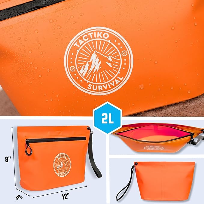 Tactiko 3L Water Resistant Pouch - Waterproof Material w/Splashproof Zipper - Hold All Zipper Bag for Storage, Toiletries, Travel, Beach, Cruise, Home (Orange)
