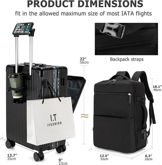 feilario 2 Piece Set 24in Aluminium Frame PC Hard Shell Spinner Wheels Luggage, Built-In TSA lock Carry on Suitcase, with Cup Holder, USB Port, Phone Holder