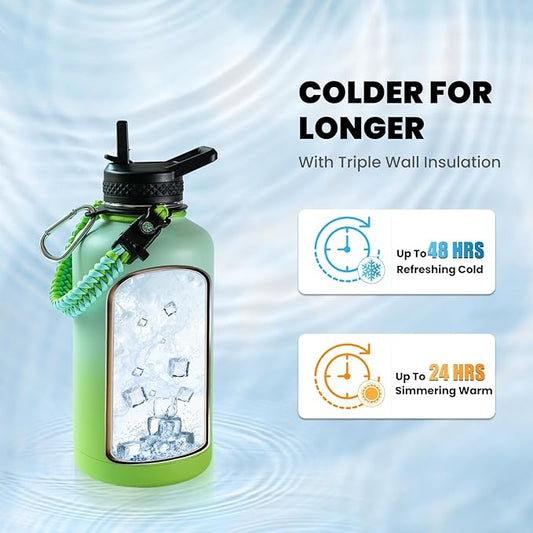 Insulated Water Bottle 64 oz, Triple Wall Vacuum Stainless Steel (Cold for 48 Hrs), Leak Proof & Non-BPA, Half Gallon Water Flask Jug with Paracord Handle & Straw Spout Lids