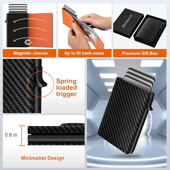 Mens Wallet Card Holder, Slim Wallet for Men, Premium Flexible Leather, Smart Front Pocket Wallet, Aluminum Pop up Case, RFID Blocking, Minimalist, 9-14 Card Capacity | ID Window | Cash Slot