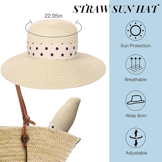 Beach Sun Hats for Women Wide Brim Straw Foldable Beach Hat UV Protection
