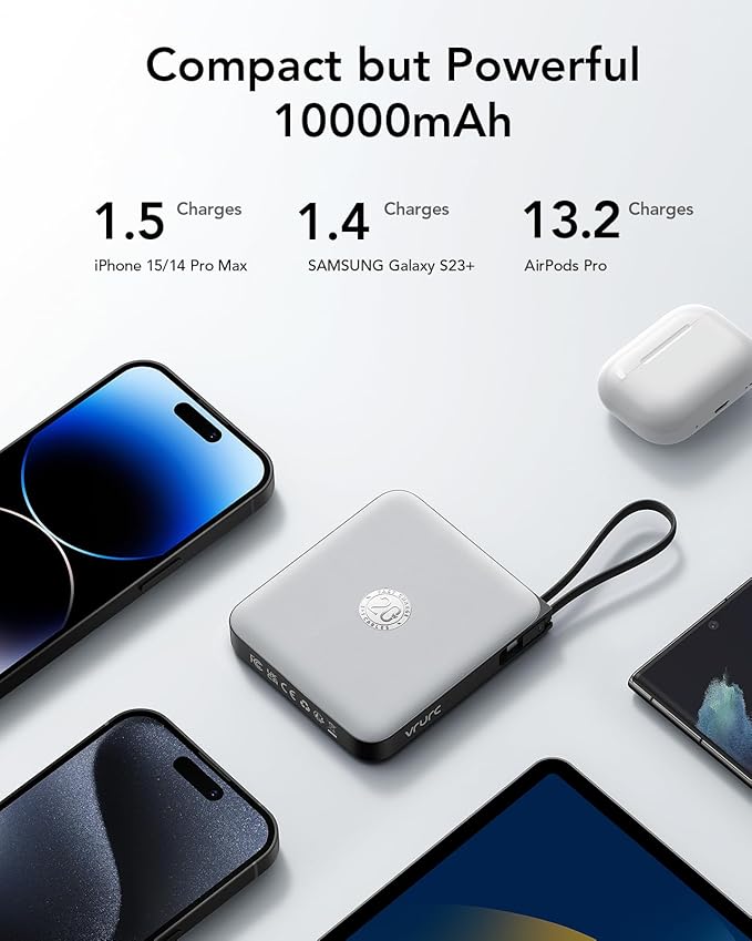 VRURC Portable Phone Charger 4 Built-in Cables, Fast Charging PD 20W Power Bank 10000mAh, USB C Mini Battery Pack for iPhone 16 15 14 Samsung Galaxy S23 Google Android Cell Phones(1 Pack)