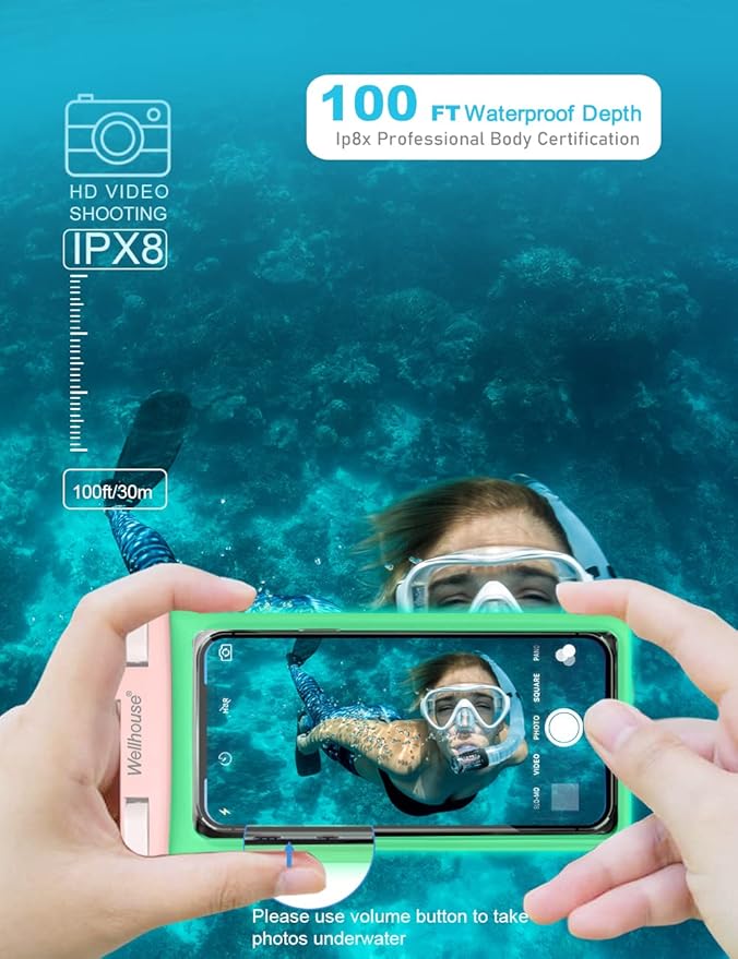 wellhouse Waterproof Phone Pouch, Waterproof Phone Case for iPhone 16 15 14 13 12 Pro Max XS Samsung, IPX8 3D Cellphone Dry Bag Beach Essentials (2 Pack - Luminous Blue & Pink7.0, 7 inch)