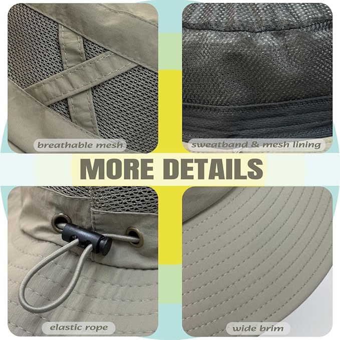 Fishing Hat UPF50+ Wide Brim Sun Hat for Men Women, Water Resistant Summer Sun Protection Safari Hat Hiking Bucket Hat