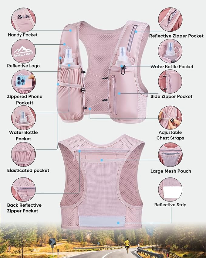 Zelvot Running Vest for Women Men, USA Original Patent, Adjustable Chest Straps Running Hydration Vest with 500ml Soft Flask, Lightweight Reflective Hydration Backpack for Marathon