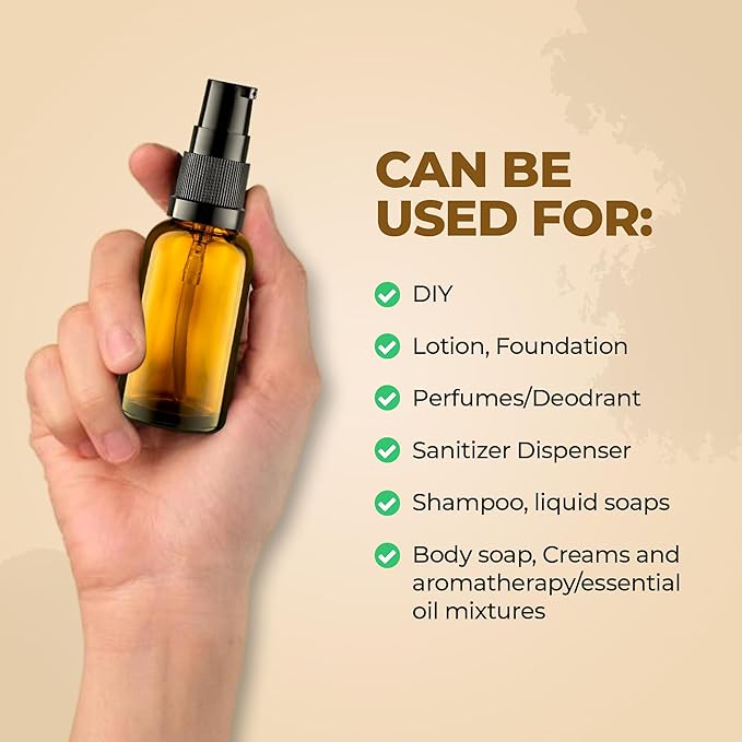 8 Pack Empty Refillable Glass Amber Pump Bottle Ideal for Lotion Cream Essential Oil Travel Small Container, 30ml