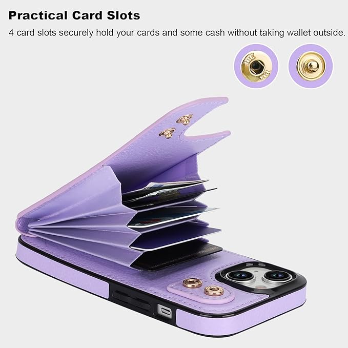 Folosu Compatible with iPhone 15 Case Wallet with Card Holder, 360°Rotation Finger Ring Holder Kickstand, RFID Blocking Leather Protective Double Buttons Shockproof Cover 6.1 Inch (Purple)