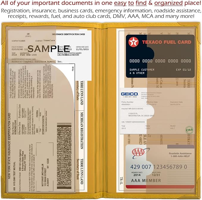 Auto Insurance and Registration Card Holder - Vehicle Glove Box Document Organizer - Car Essential Paperwork Holder for DMV, AAA, Contact Information Cards - Premium PU Leather Wallet Case - Yellow