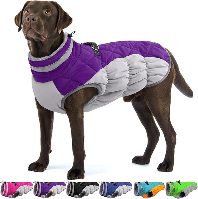 OUOBOB Large Dog Coat, XXLarge Dog Winter Coat, Waterproof Pet Jacket with Back Zipper,Extra Large Pet Coats, Warm Fleece Jacket with D-Ring, Windproof Winter Clothes Golden Retriever,Purple,XXL