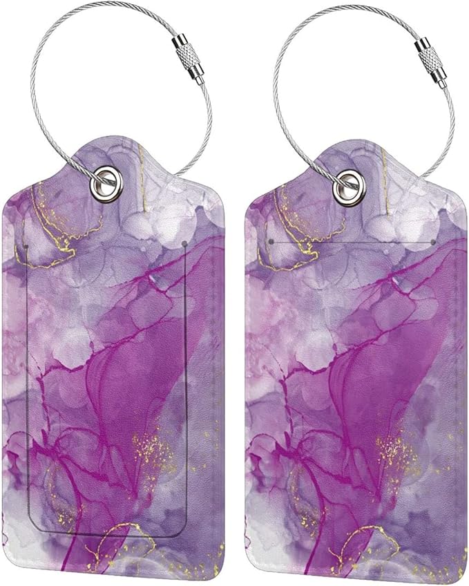 2 Pack Abstract Purple Luggage Tag for Suitcases Women, Art Painting Violet and Gold Marble PU Leather Airport Travel Bag Tags for Cruise Ships, Baggage Name Tags with with Full Back Privacy Cover