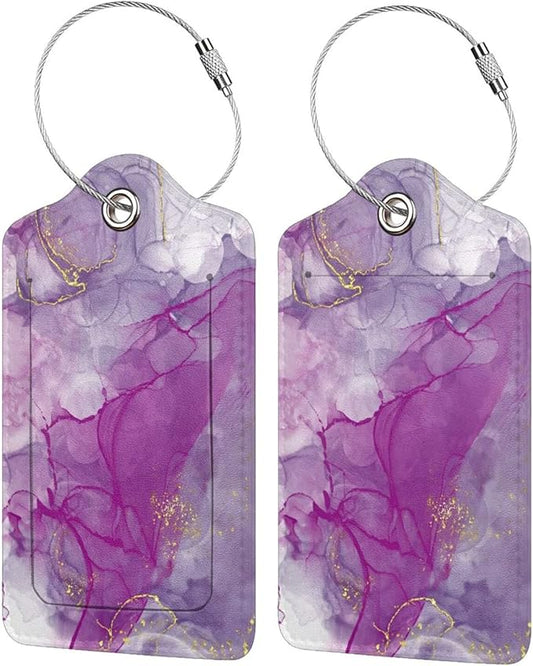 2 Pack Abstract Purple Luggage Tag for Suitcases Women, Art Painting Violet and Gold Marble PU Leather Airport Travel Bag Tags for Cruise Ships, Baggage Name Tags with with Full Back Privacy Cover