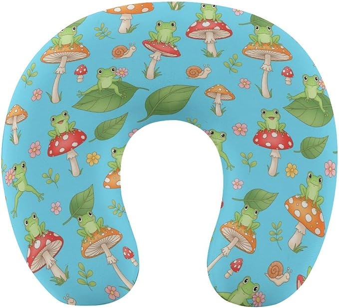 Breathable Memory Foam Neck Pillow, Funny Frog Mushroom Art U-Shaped, Head Support U-Shape Compact for Airplane Train Travel, Machine Washable Cover