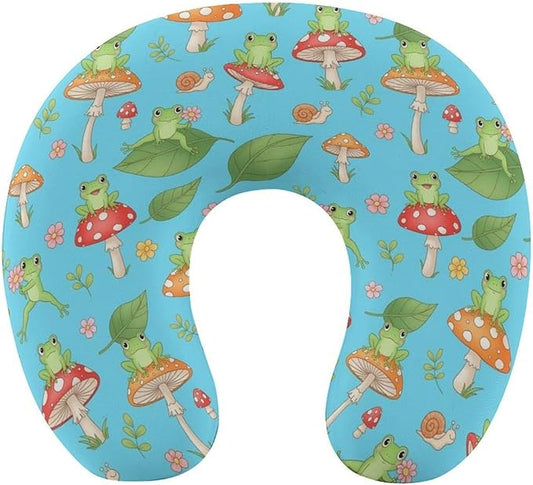 Breathable Memory Foam Neck Pillow, Funny Frog Mushroom Art U-Shaped, Head Support U-Shape Compact for Airplane Train Travel, Machine Washable Cover