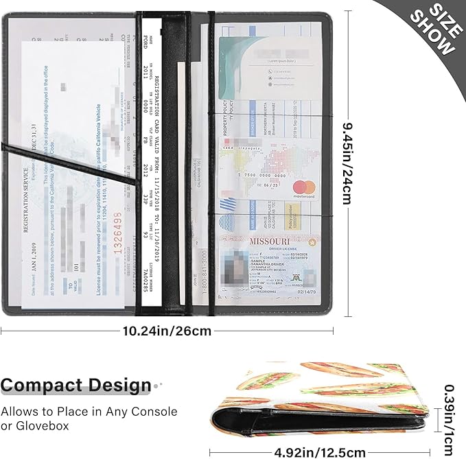 Bolaz Hotdog Car Registration and Insurance Holder Leather Vehicle Document Glove Box Organizer for License Cards Accessories