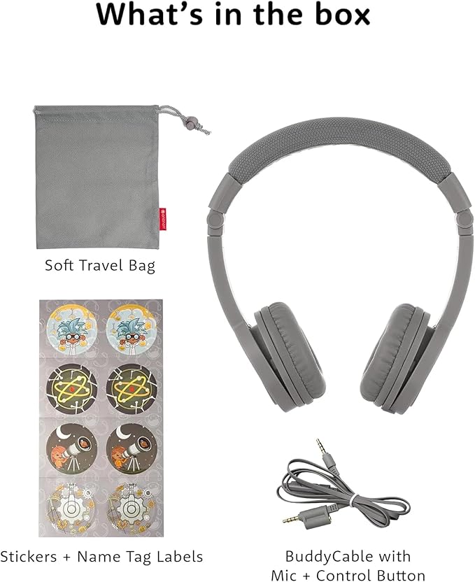 BuddyPhones Explore Plus | Foldable Kids Wired Headphones, Built-in Audio Sharing Cable with in-Line Mic - SafeAudio Volume-Limiting for Kindle, iPad, iPhone, or Android (Grey Matter)