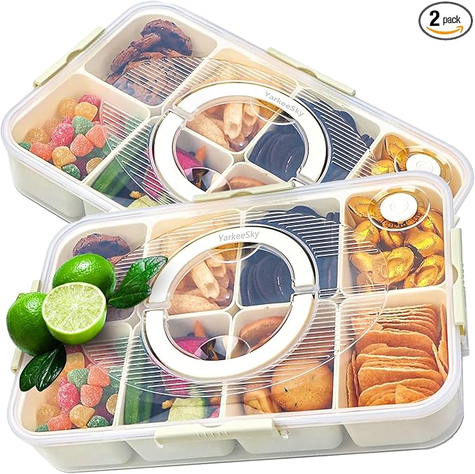 Air-tight Snackle Box Container Dishwasher Safe, Divided Serving Tray with Lid and Handle, Portable Snack Platters Containers for Candy Fruits, Charcuterie Organizer for Picnic 2PCS