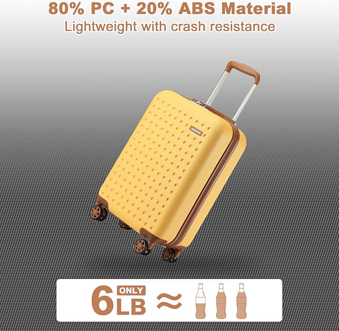 Kono Carry On Luggage 22x14x9 Airline Approved Lightweight Hardside Suitcase with Spinner Wheels & Built-in TSA Lock (Yellow, 20 Inch)
