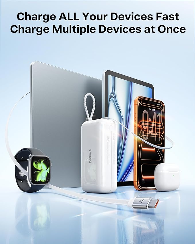 TORRAS EasyGo 3-in-1 Portable Charger Power Bank with Wall Plug & Retractable USB-C Cable, Fast Charging 10000mAh Battery Pack for iPhone 17/16/15, Samsung, Laptop, MacBook - Travel Essential