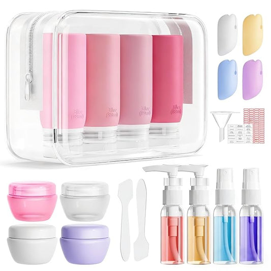 Muslish 21 Pack Travel Bottles for Toiletries, Leak-Proof TSA Compliant Silicone Travel Size Containers for Shampoo and Conditioner, BPA Free with Toiletry Bag (Pink)