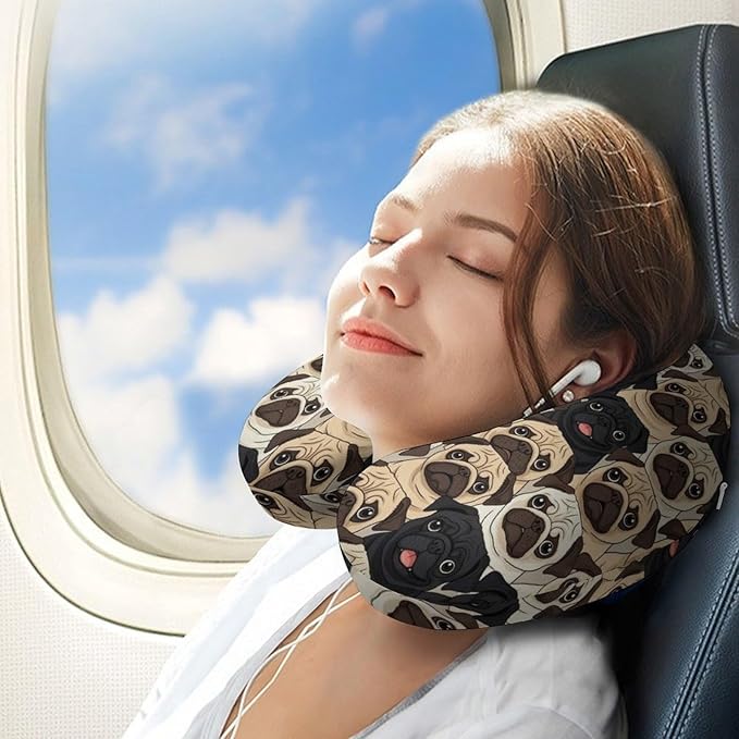 Memory Foam Travel Pillow Chin Head Support Cushion Cute Black Pug Dogs, Washable Removable Cover for Airplane Car Outdoor Sleep