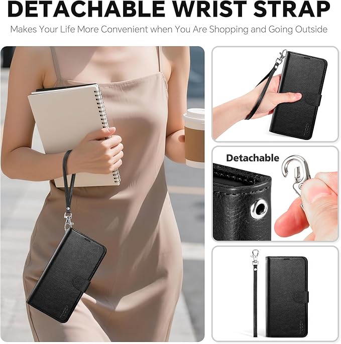 TUCCH Detachable Case Wallet for iPhone Air (6.5") 2025, Removable Wrist Strap, Wireless Charging, Stand, 4 Card Slots RFID Blocking, 2-in-1 Magnetic, PU Leather, Protective Cover, Textured Black