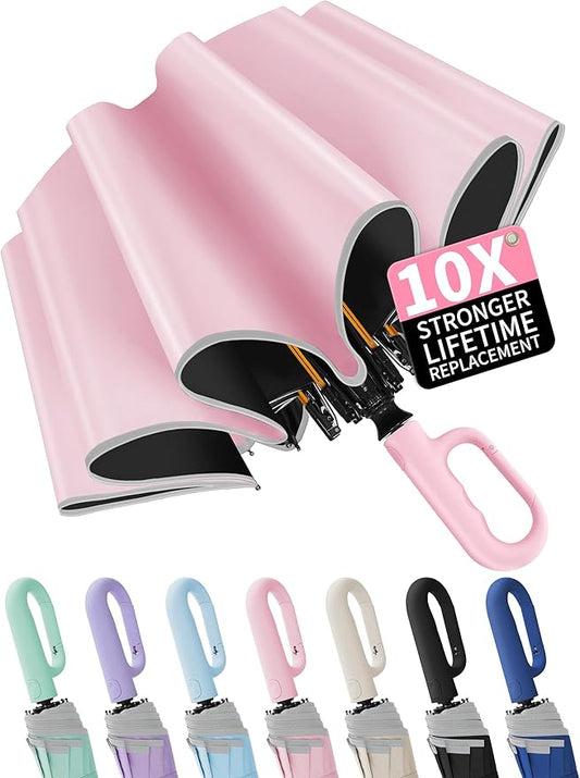 Seniny Travel Umbrella with Carabiner Handle, Windproof Large Umbrellas for Rain with Dual-Rib Structure, Portable Compact Umbrella with Reflective Strip, Car Backpack UV Umbrellas for Sun Protection