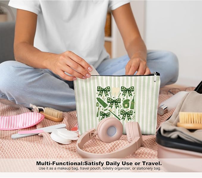 Smile Dental Care Makeup Bag, Cute Tooth & Bow Cosmetic Pouch for Dental Assistant Hygienist Dentist Gift for Women (Green)