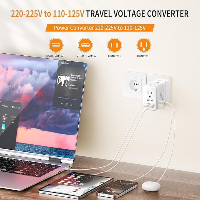 220 V to 110 V Voltage Converter, 20 W PD, Reduces 220 V to 120 V, U.S. to Europe Travel Converter for Over 80 Countries, Including Most European Countries, France, Germany, Italy and Australia