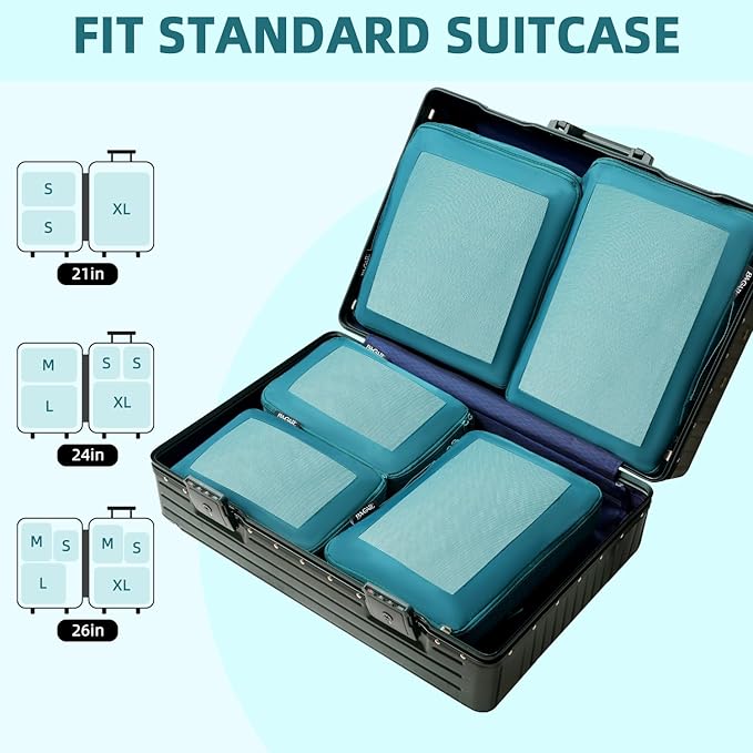 BAGAIL 4 Set/6 Set/8 Set Compression Packing Cubes Travel Accessories Expandable Packing Organizers (Square Mesh, 06-Teal)