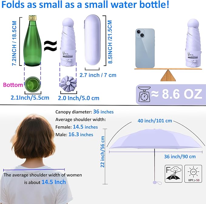 BAODINI Travel Mini Umbrella for Purse With Case Small Compact UV Sun Protection Sun Lightweight Tiny Pocket Manual Open Close Umbrella for Women Kids and Men