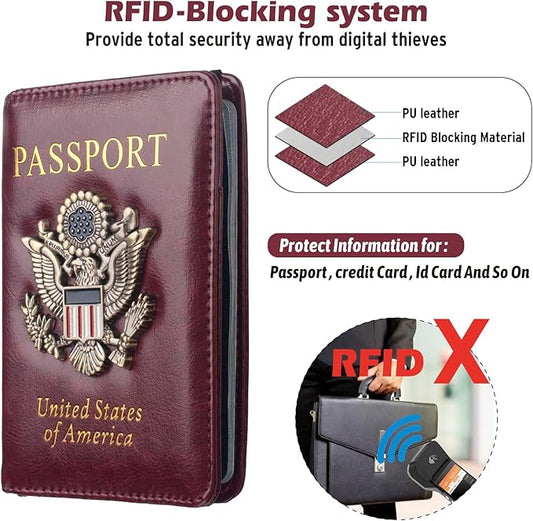 Passport Holder for Travel Women Men, Passport Wallet RFID Blocking US Passport Cover Case, Waterproof Leather Travel Documents Holder with Vaccine Card Slot, Ticket Organizer Carrier