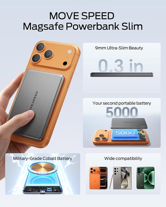 MOVE SPEED 0.3'' Ultra Slim MagSafe Portable Charger, 5,000mAh Battery Pack, Magnetic Power Bank with USB C Cable,Alloy Wireless Charger for iPhone 17 Pro Max/17 Air/16/15/14/13/12, Starry Gray
